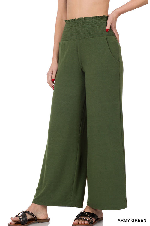Jacob Smocked Wide Leg Pants in Army Green