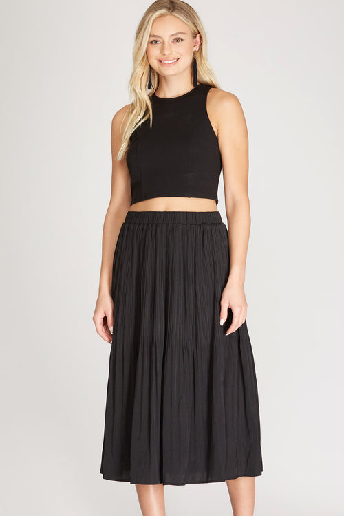 Primrose Pleated satin skirt with elastic waistband in black
