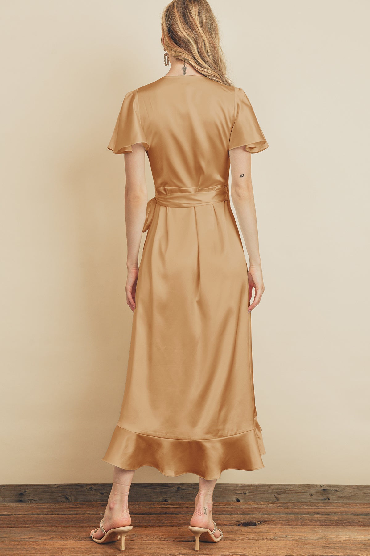 champagne flutter sleeve dress Champagne Oasis Shimmer Flutter Sleeve Maxi Wedding Dress