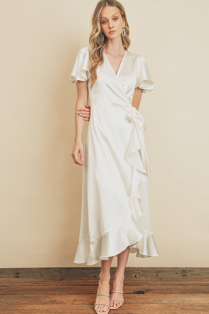 ivory wrap dress with sleeves Ivory Maxi Dress - Satin Wrap Dress - Wrap Maxi Dress