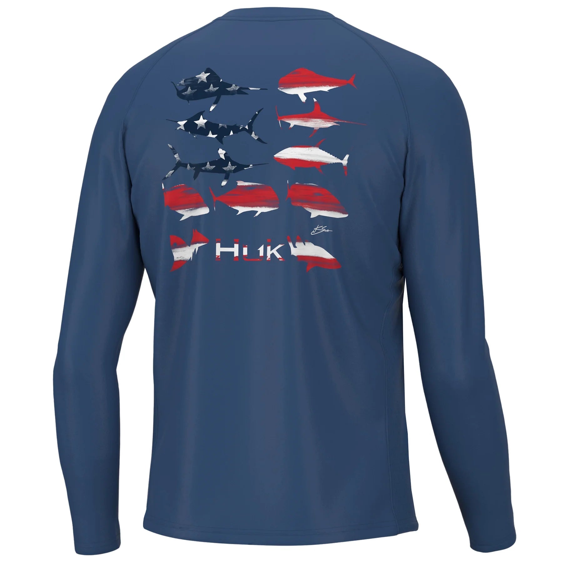 NWT Huk Shirt Men Large Pursuit Patriotic Tie Dye Long Sleeve Red Blue UPF  Fish