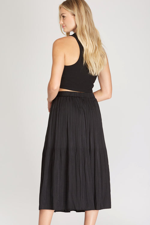Primrose Pleated satin skirt with elastic waistband in black