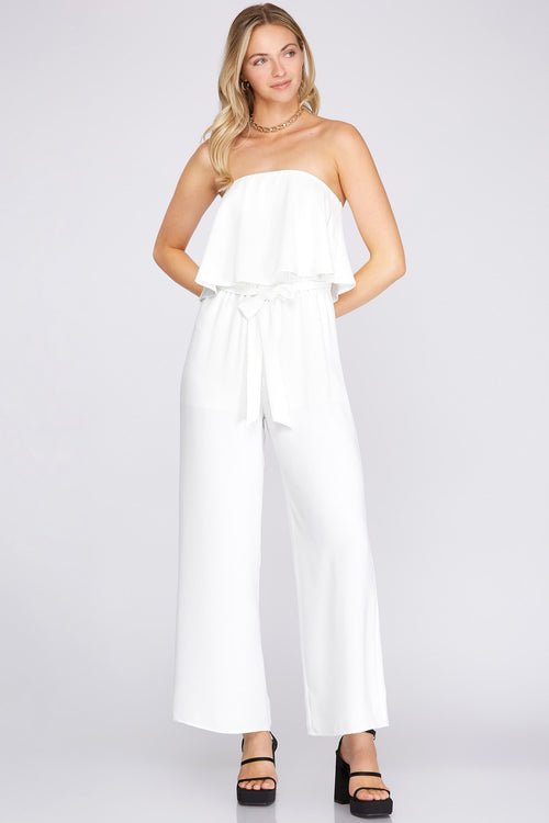Bally Strapless ruffle top woven jumpsuit in off white