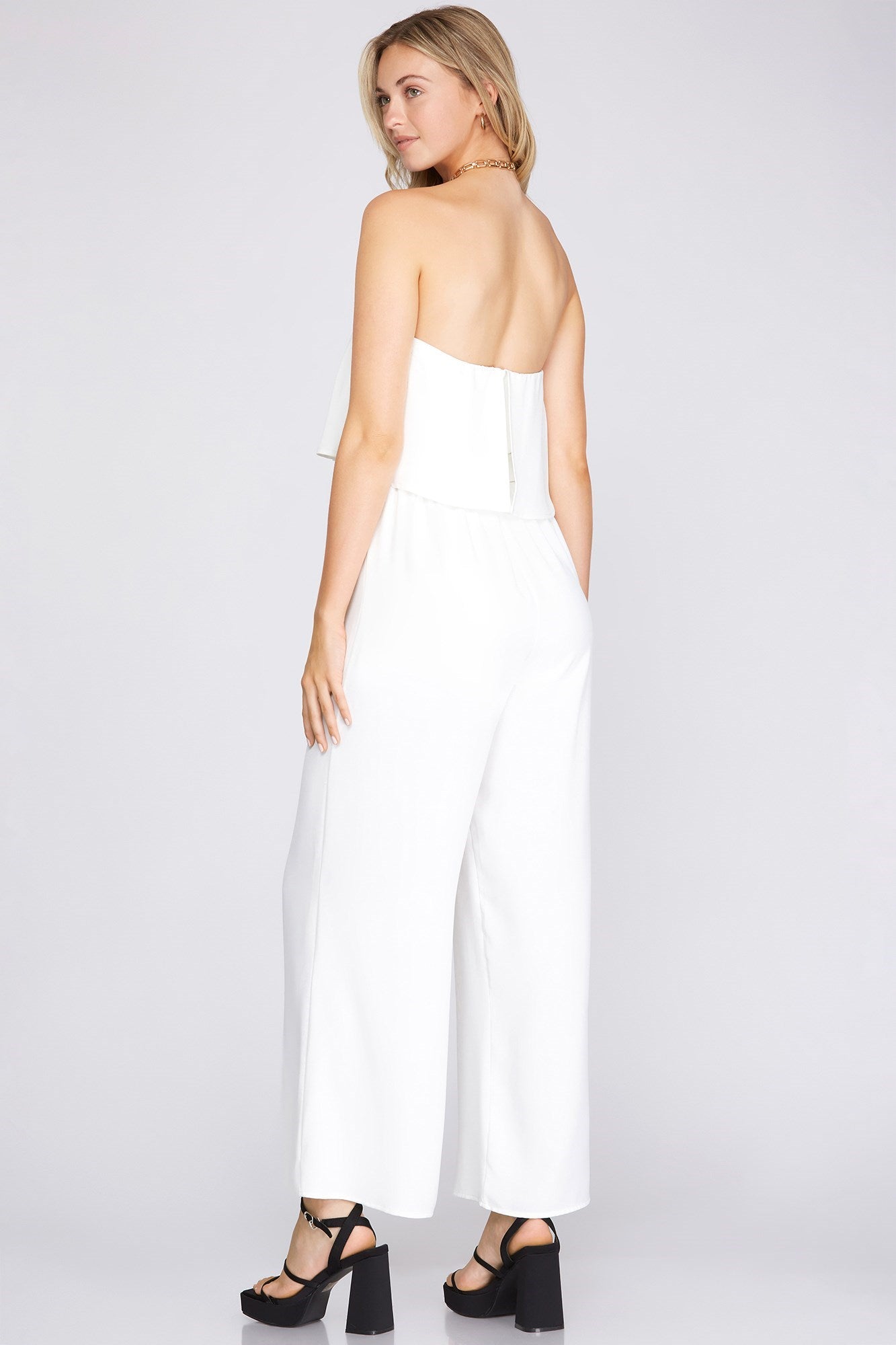 Bally Strapless ruffle top woven jumpsuit in off white