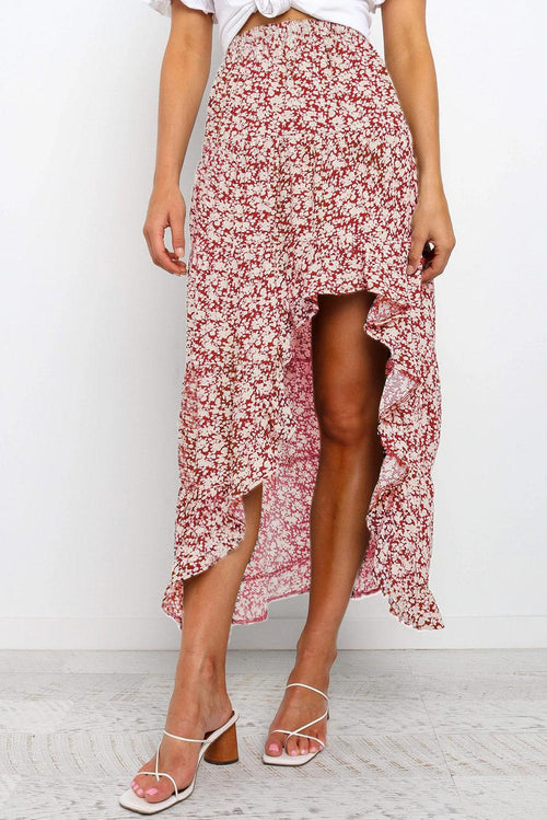 Mary Floral Long Skirt in Red