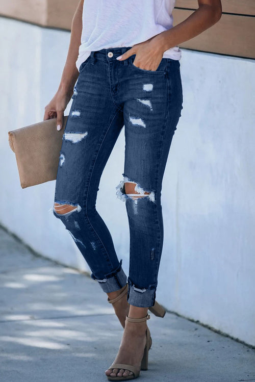 Sasha Frayed Skinny Jeans in Dark Blue