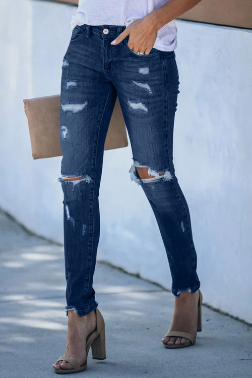 Sasha Frayed Skinny Jeans in Dark Blue