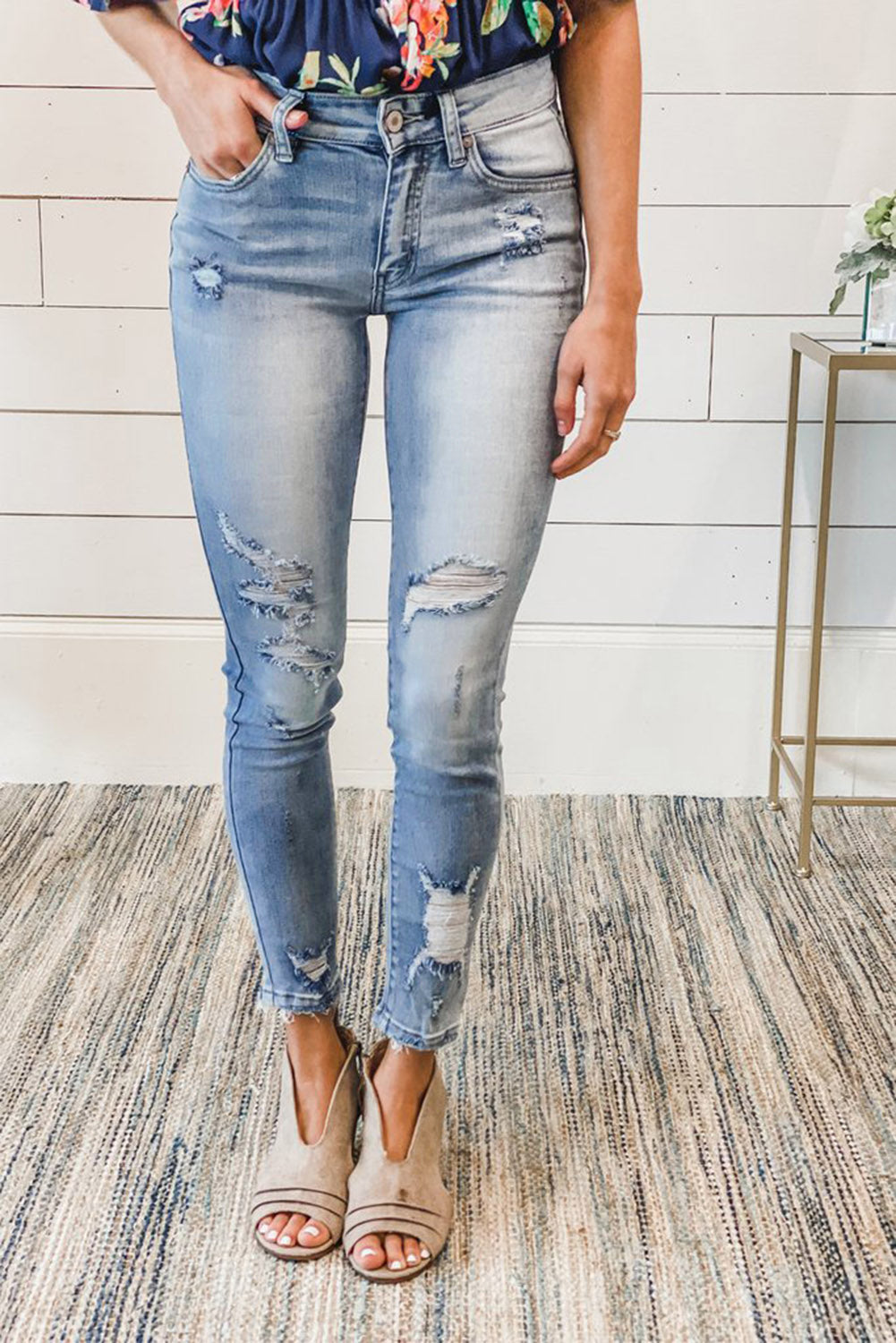 Susie Distressed Mid Rise Jeans in Light Blue