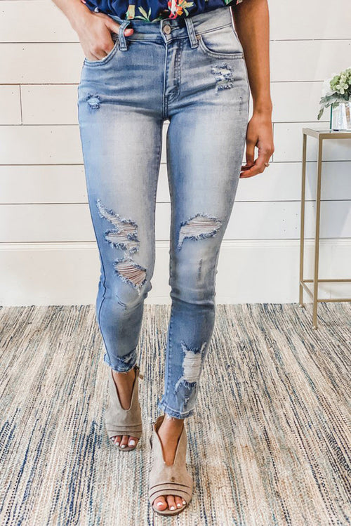 Susie Distressed Mid Rise Jeans in Light Blue