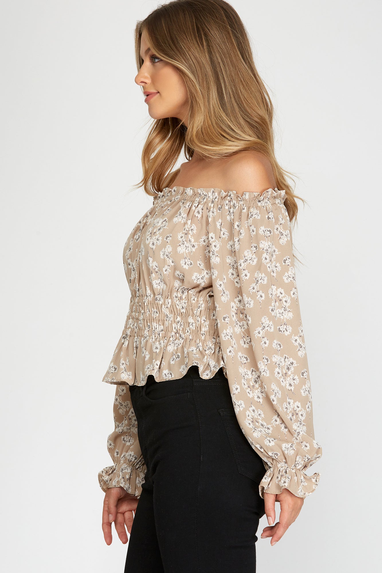 Sultry Off-the-Shoulder Blouse in Taupe