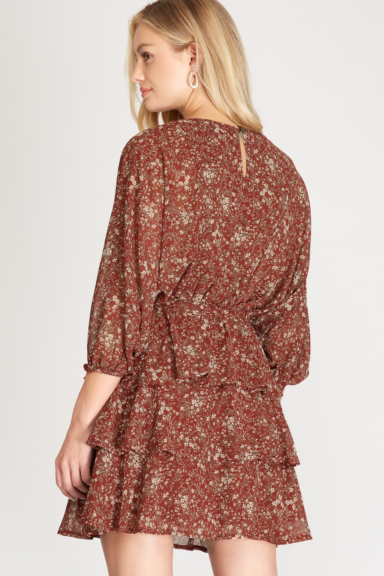 Floral Tiered Ruffle Dress in Burgundy