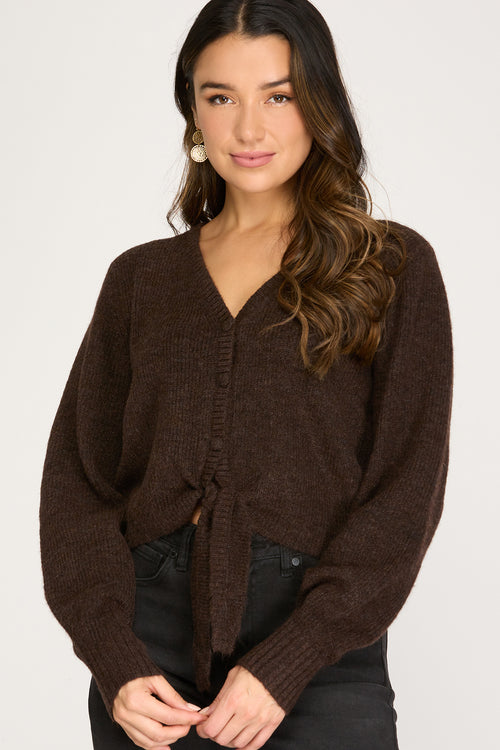 Winter Vibes Front-Tie Cropped Cardigan in Brown